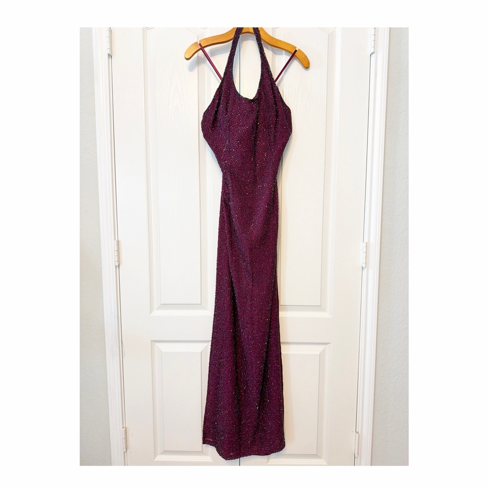 Je Matadi Burgundy and Black Beaded Gown Side Slit Long Dress Size Small